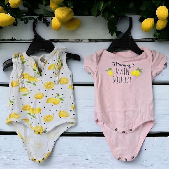 Baby Girl 2pc Lemon Print Onesie Bodysuit Playwear Fruit 6-9M Pink Yellow Bundle - Picture 2 of 8